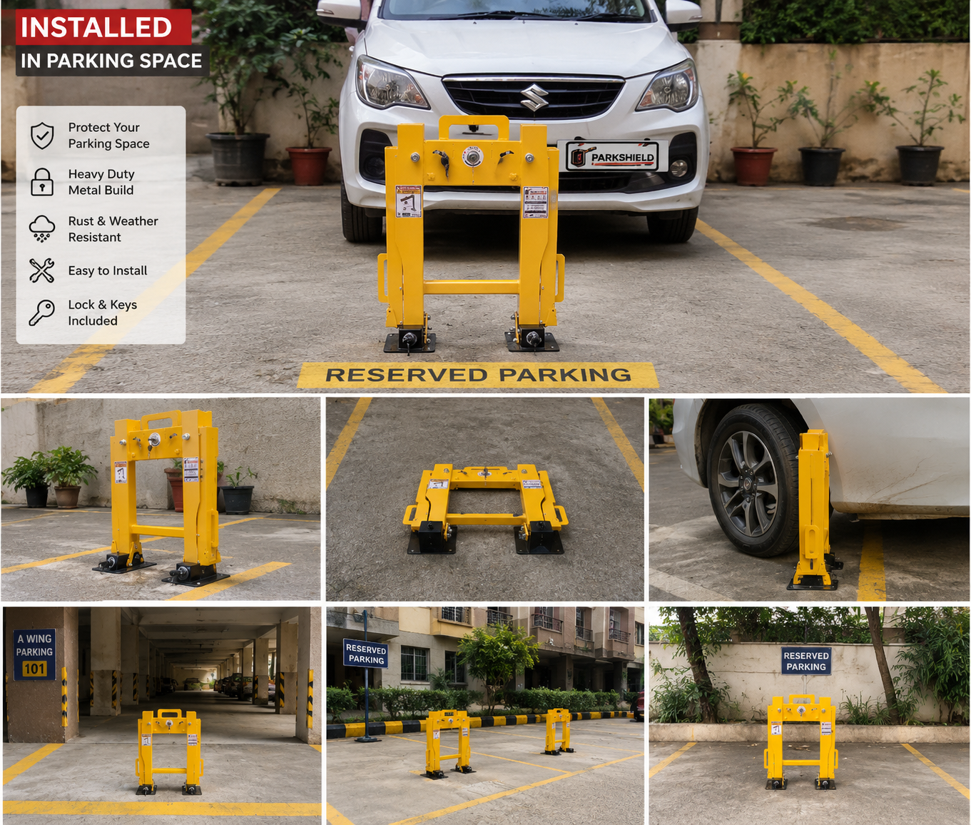 Yellow personal car parking barrier installed in a reserved parking space